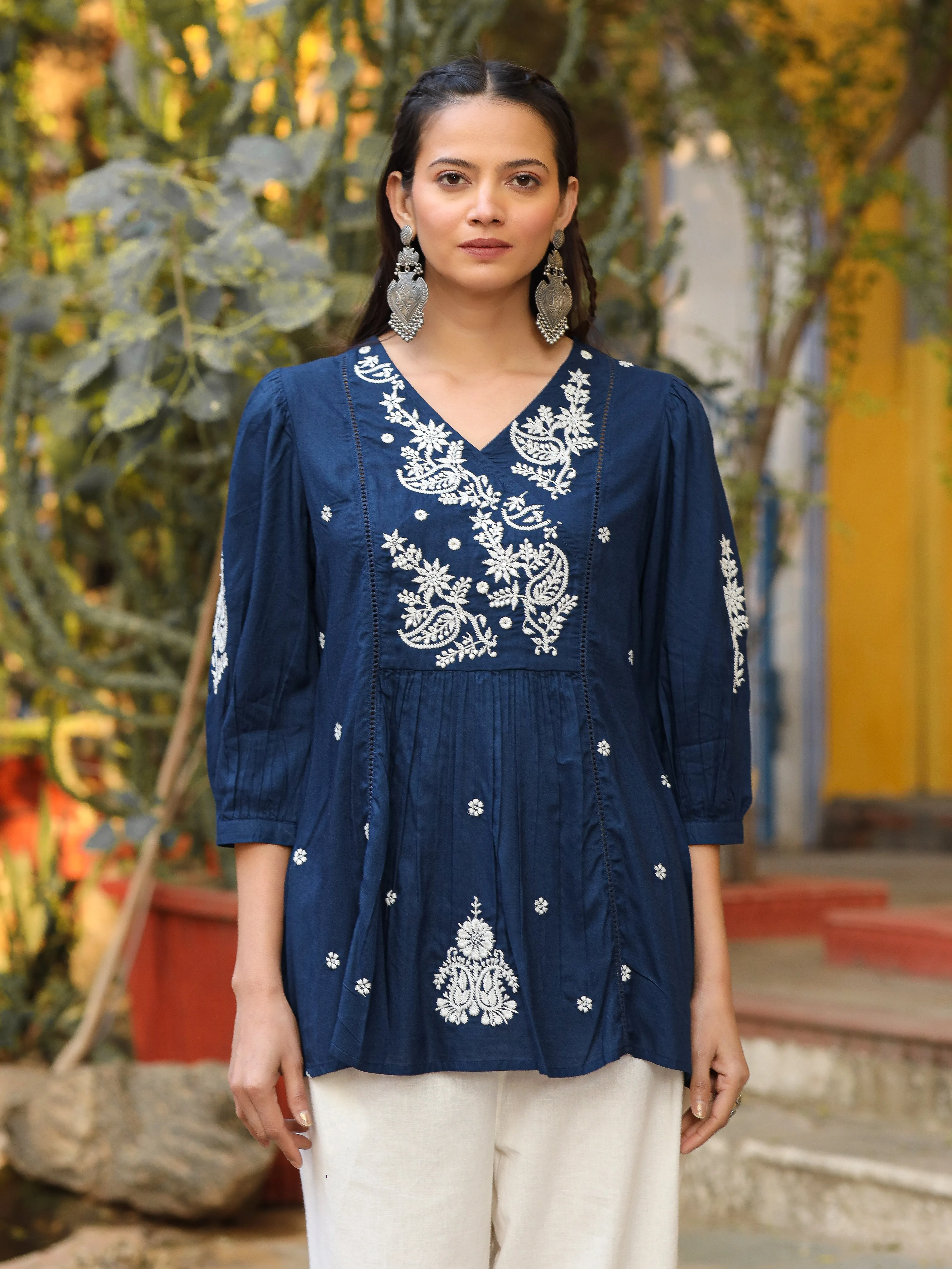 Jashvi The Mishri Navy Blue Paisley Rayon Tunic With Thread Work Embroidery