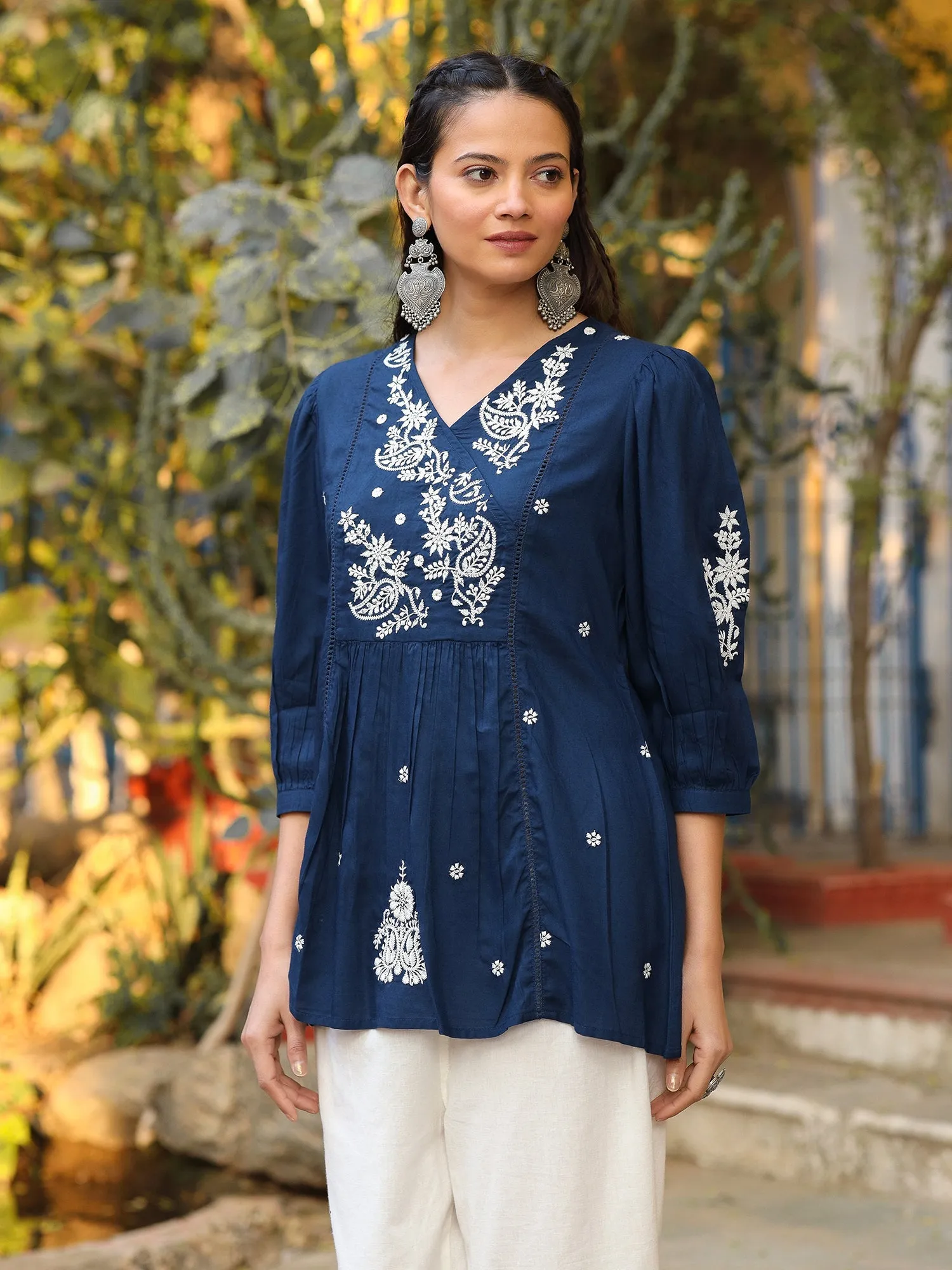 Jashvi The Mishri Navy Blue Paisley Rayon Tunic With Thread Work Embroidery