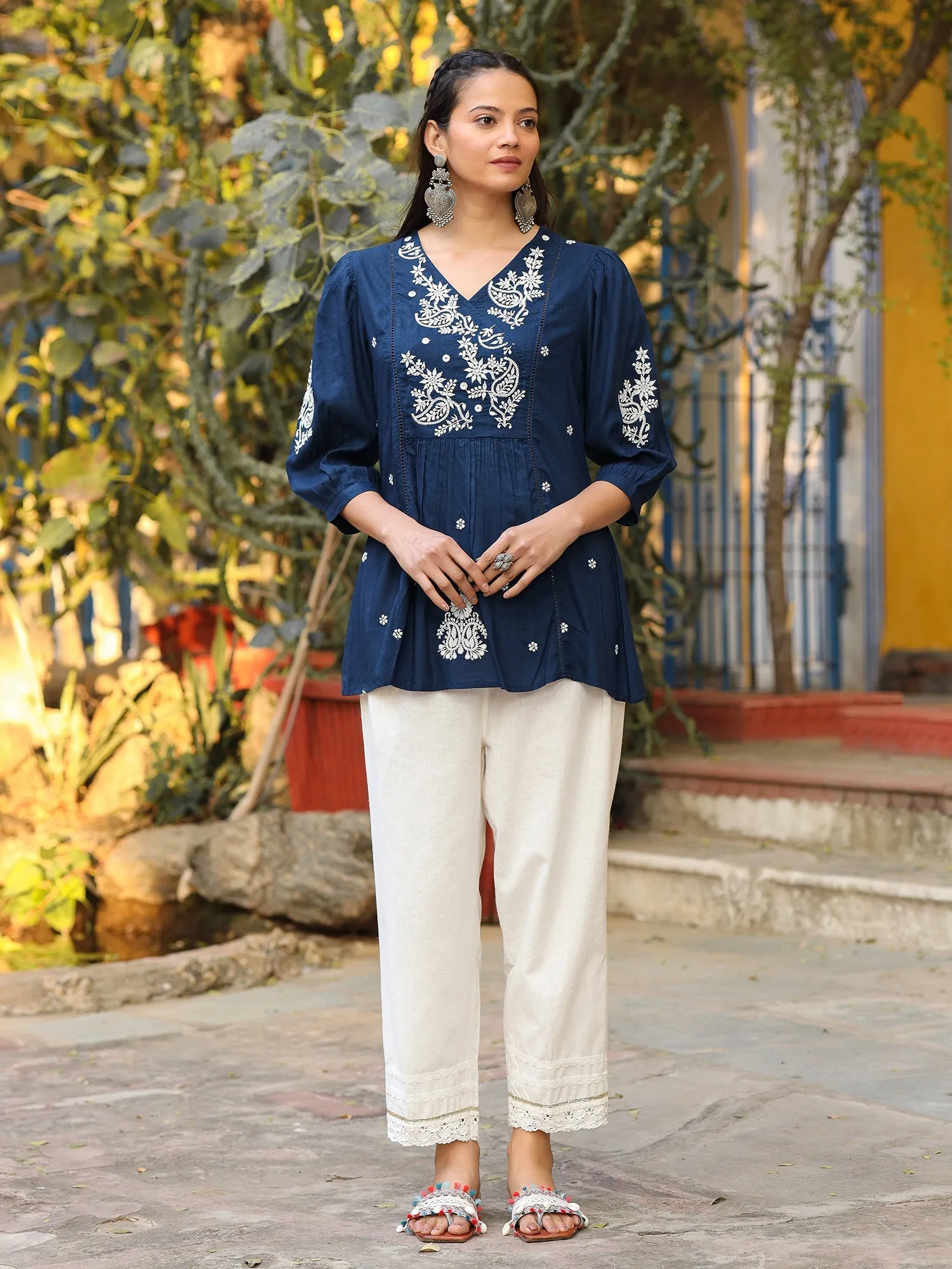 Jashvi The Mishri Navy Blue Paisley Rayon Tunic With Thread Work Embroidery