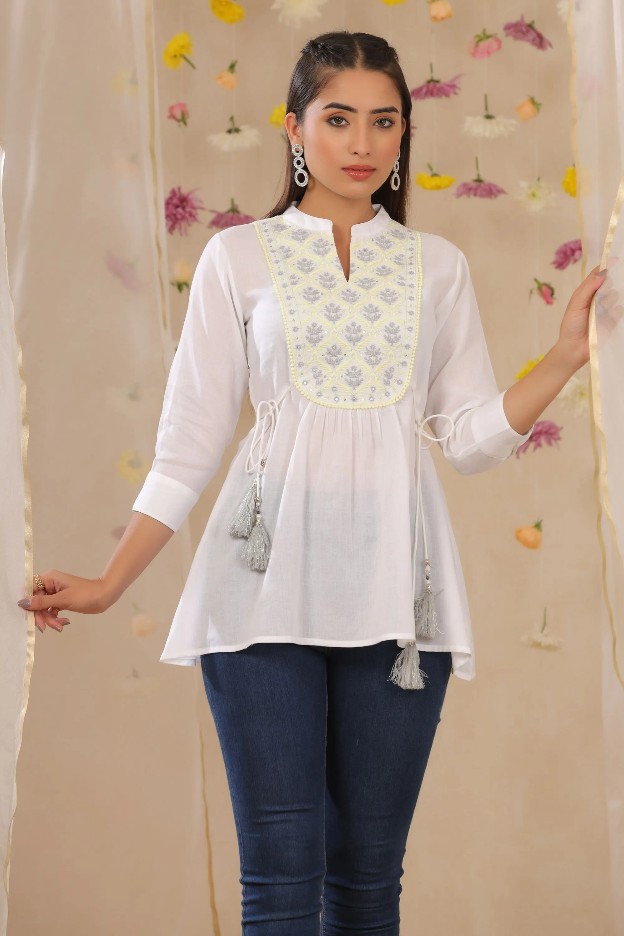 Jashvi Women's White Cotton Moss Embroidered A-Line Tunic