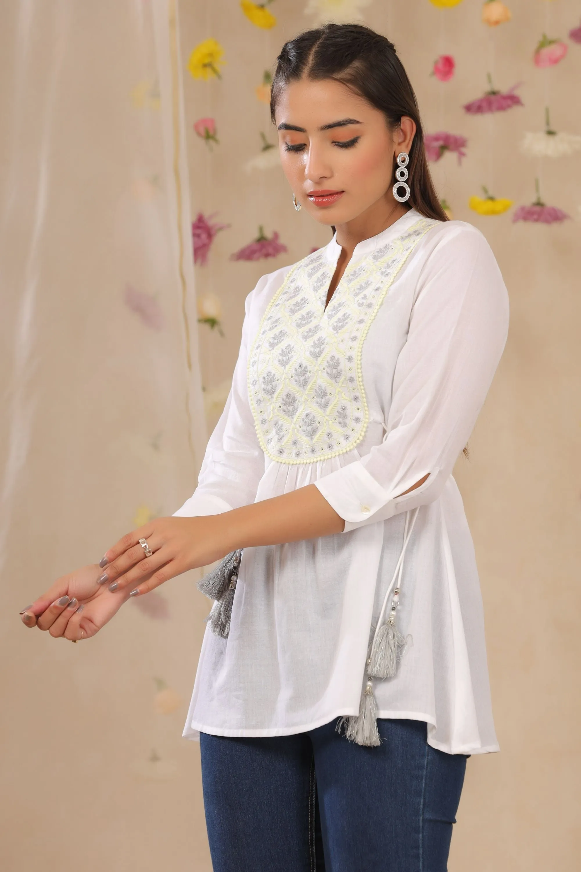 Jashvi Women's White Cotton Moss Embroidered A-Line Tunic