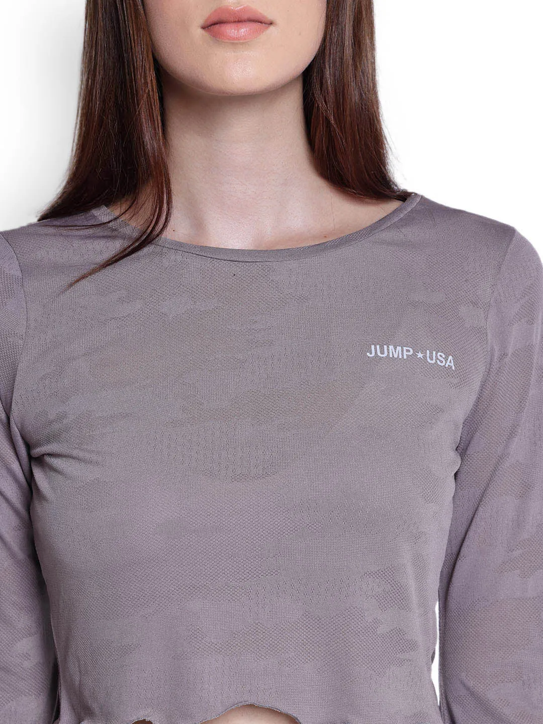 JUMP USA Womens Flared Sleeves Grey Solid Crop Tops