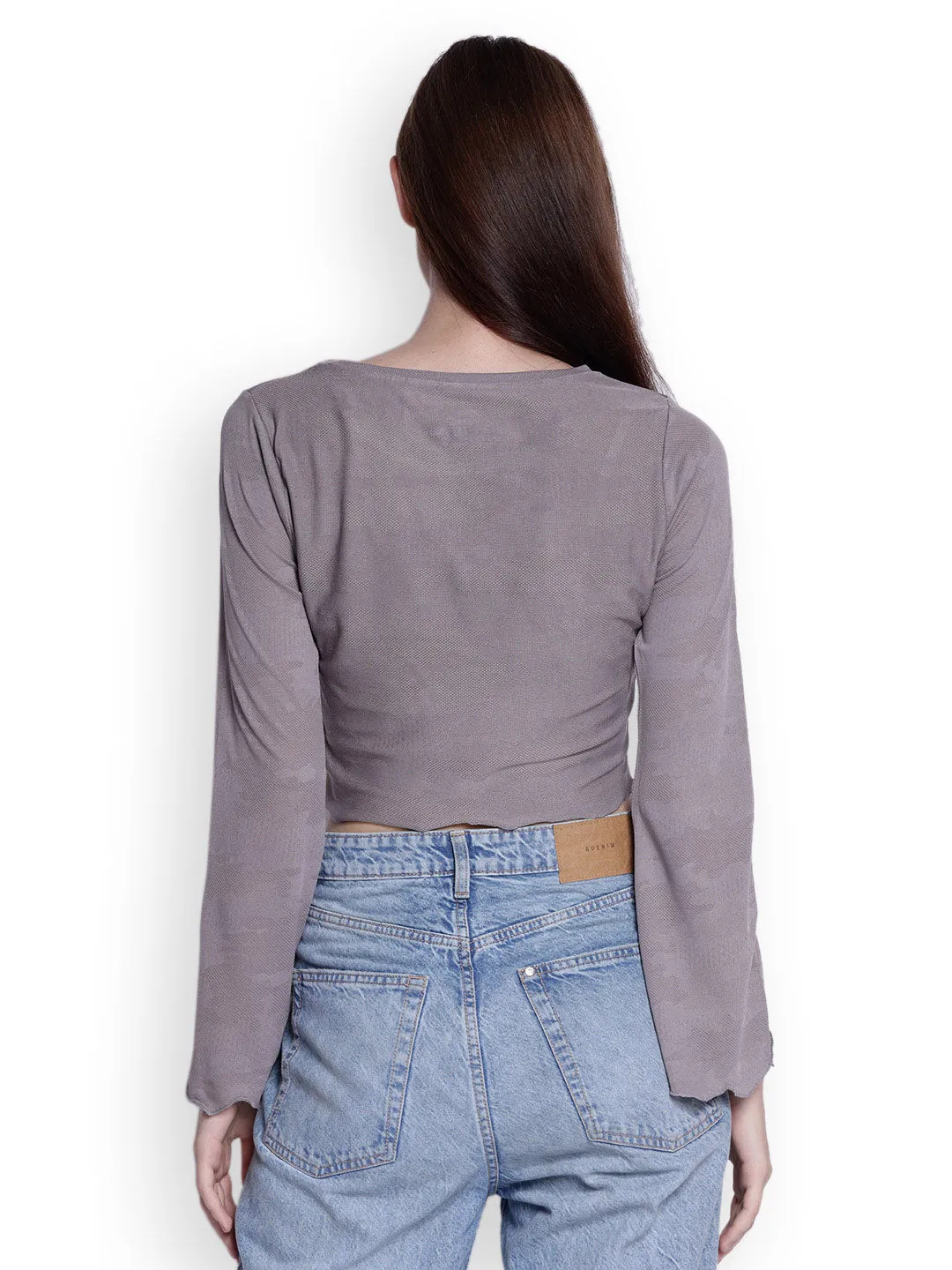 JUMP USA Womens Flared Sleeves Grey Solid Crop Tops