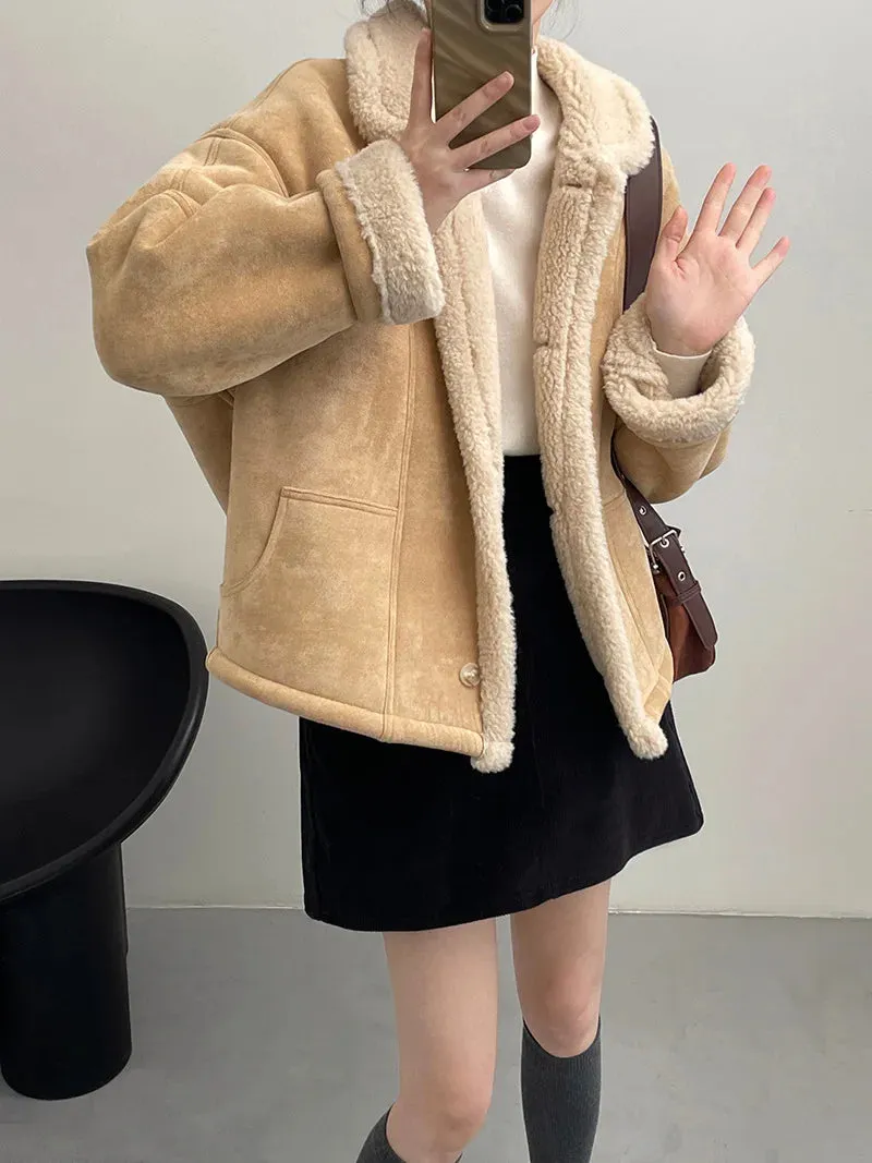 [Korean style] High Quality 2 Colors Retro Suede Shearling Jacket