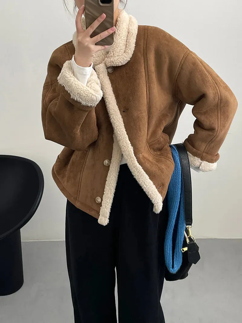 [Korean style] High Quality 2 Colors Retro Suede Shearling Jacket