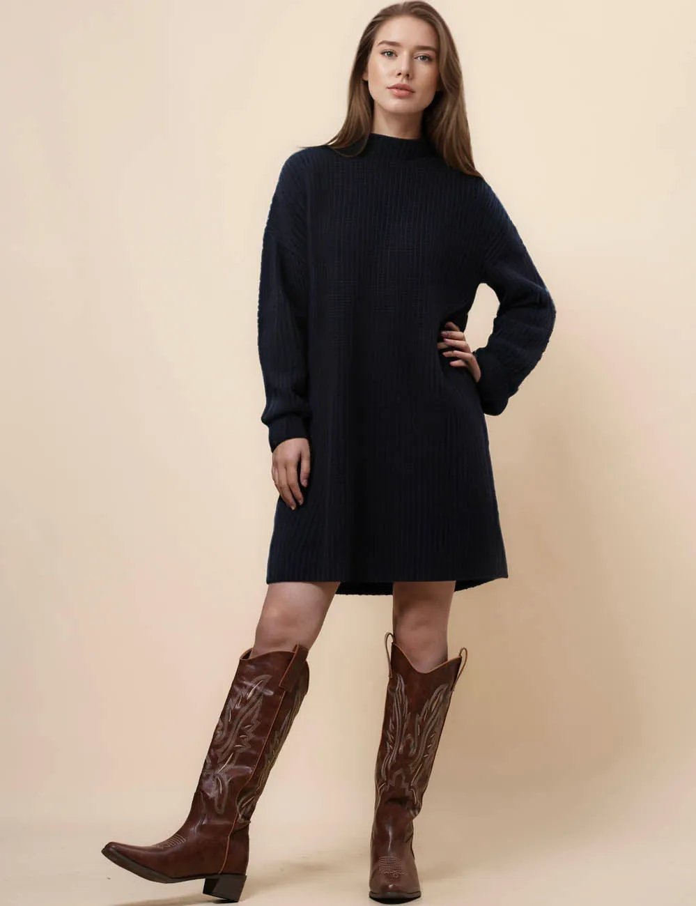 Ladies Solid Color Mock Neck Sweater Midi Dress SKD41007