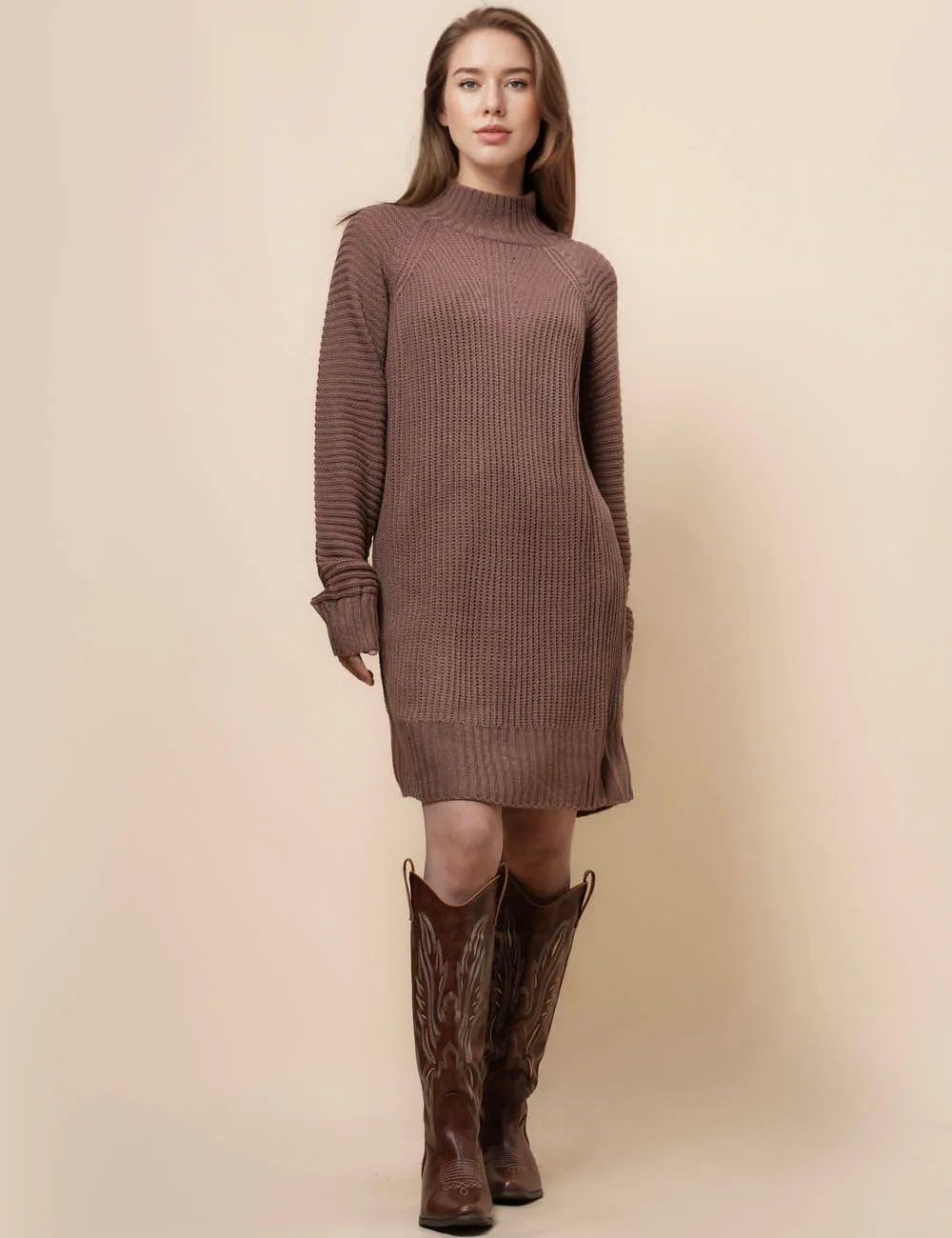 Ladies Solid Color Mock Neck Sweater Midi Dress SKD41007