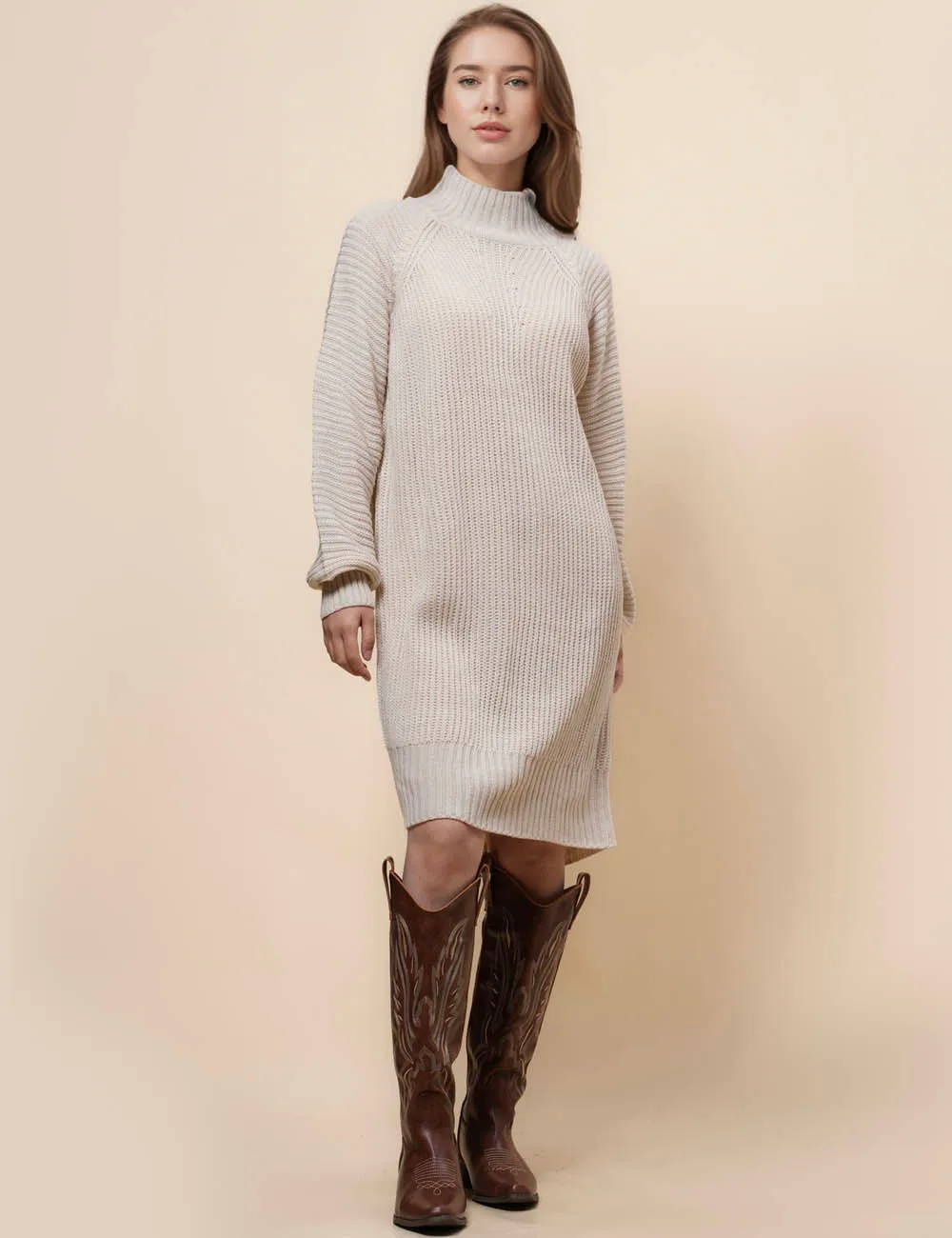 Ladies Solid Color Mock Neck Sweater Midi Dress SKD41007