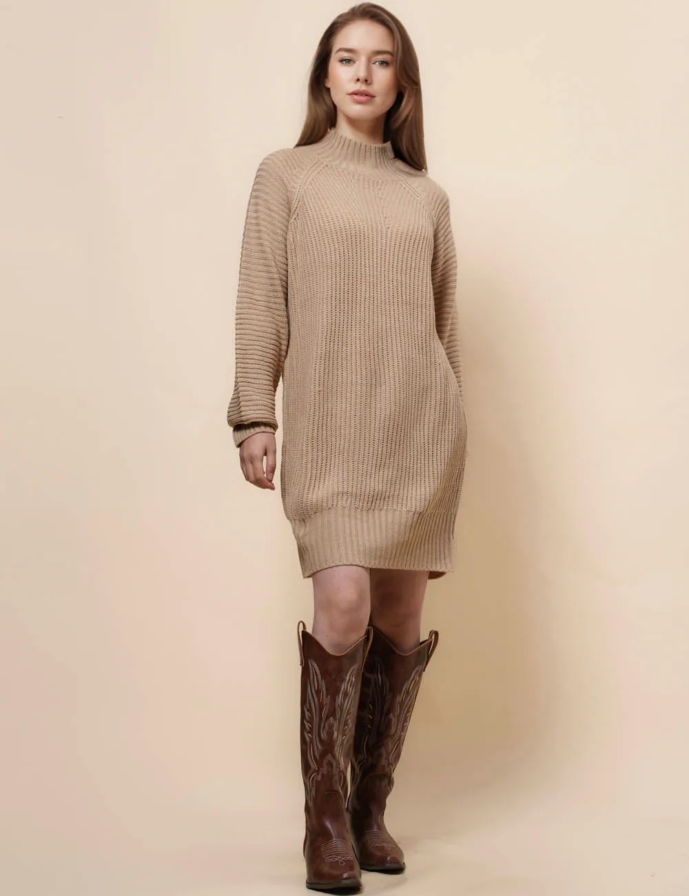 Ladies Solid Color Mock Neck Sweater Midi Dress SKD41007