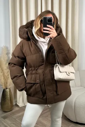 Leah chocolate faux fur short puffer coat