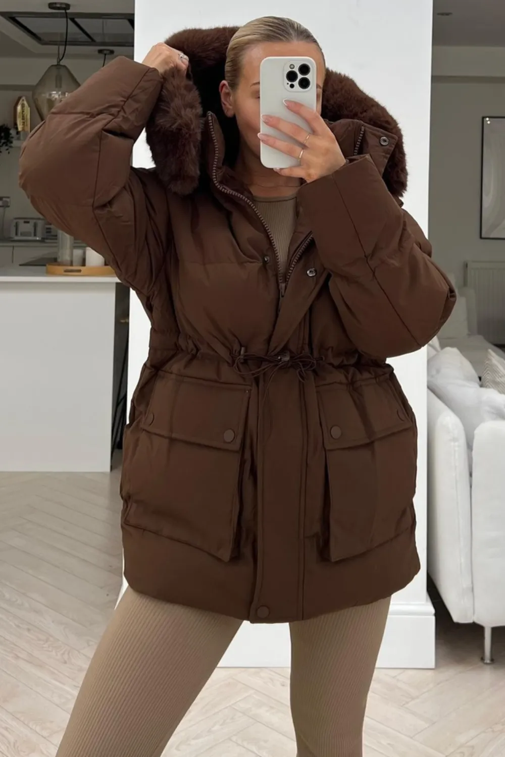 Leah chocolate faux fur short puffer coat