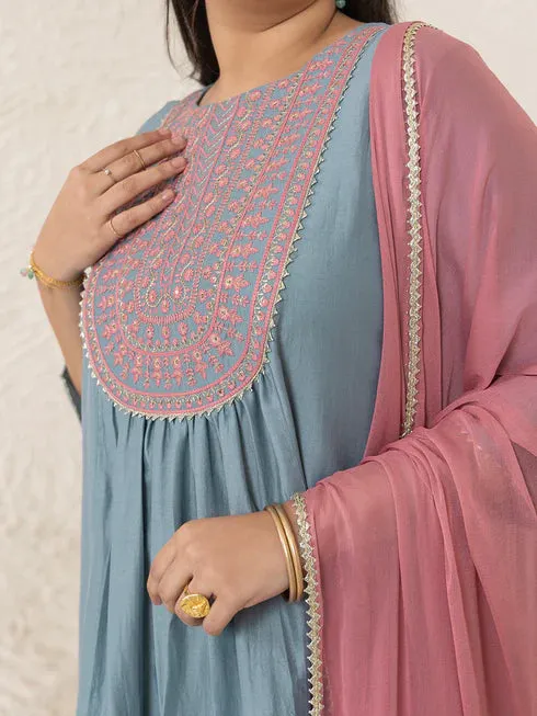 Light Blue & Mauve Chinnon Yoke Embroidered Suit Set with Nazneen Dupatta