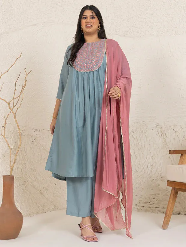 Light Blue & Mauve Chinnon Yoke Embroidered Suit Set with Nazneen Dupatta