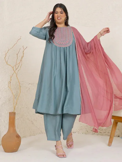 Light Blue & Mauve Chinnon Yoke Embroidered Suit Set with Nazneen Dupatta