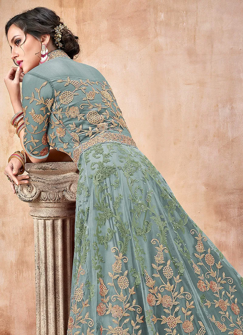 Light Blue Embroidered Flared Anarkali Suit