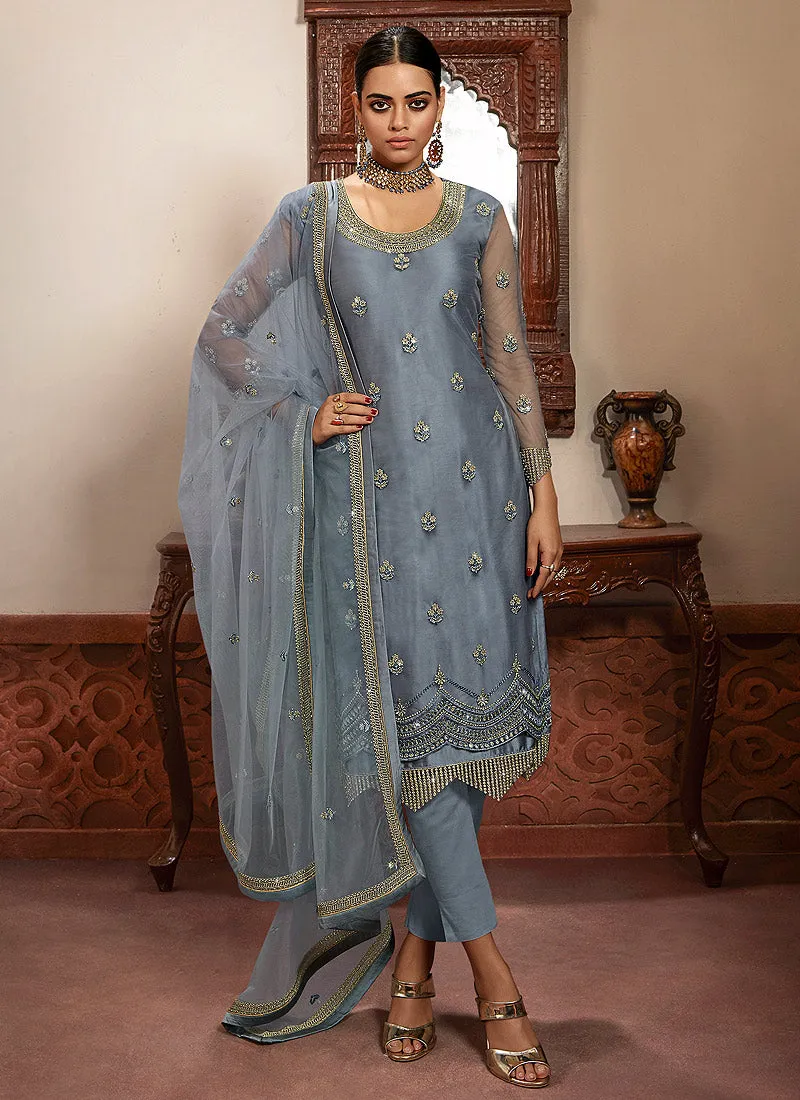 Light Blue Embroidered Net Lehenga/Pant Suit