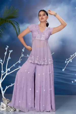 Lilac Sheer Embroidered Italian Silk Palazzo Set