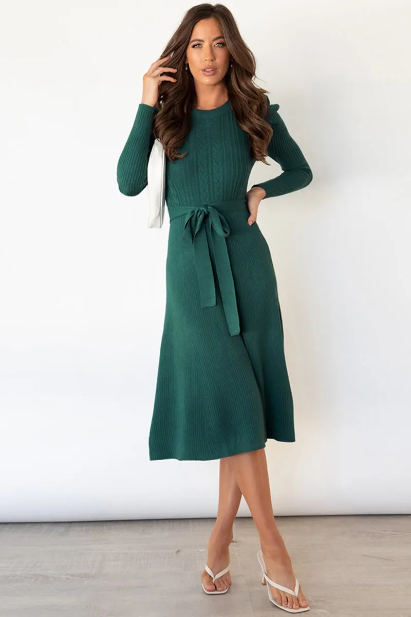 Long Sleeve Tie Waist Midi Sweater Dress