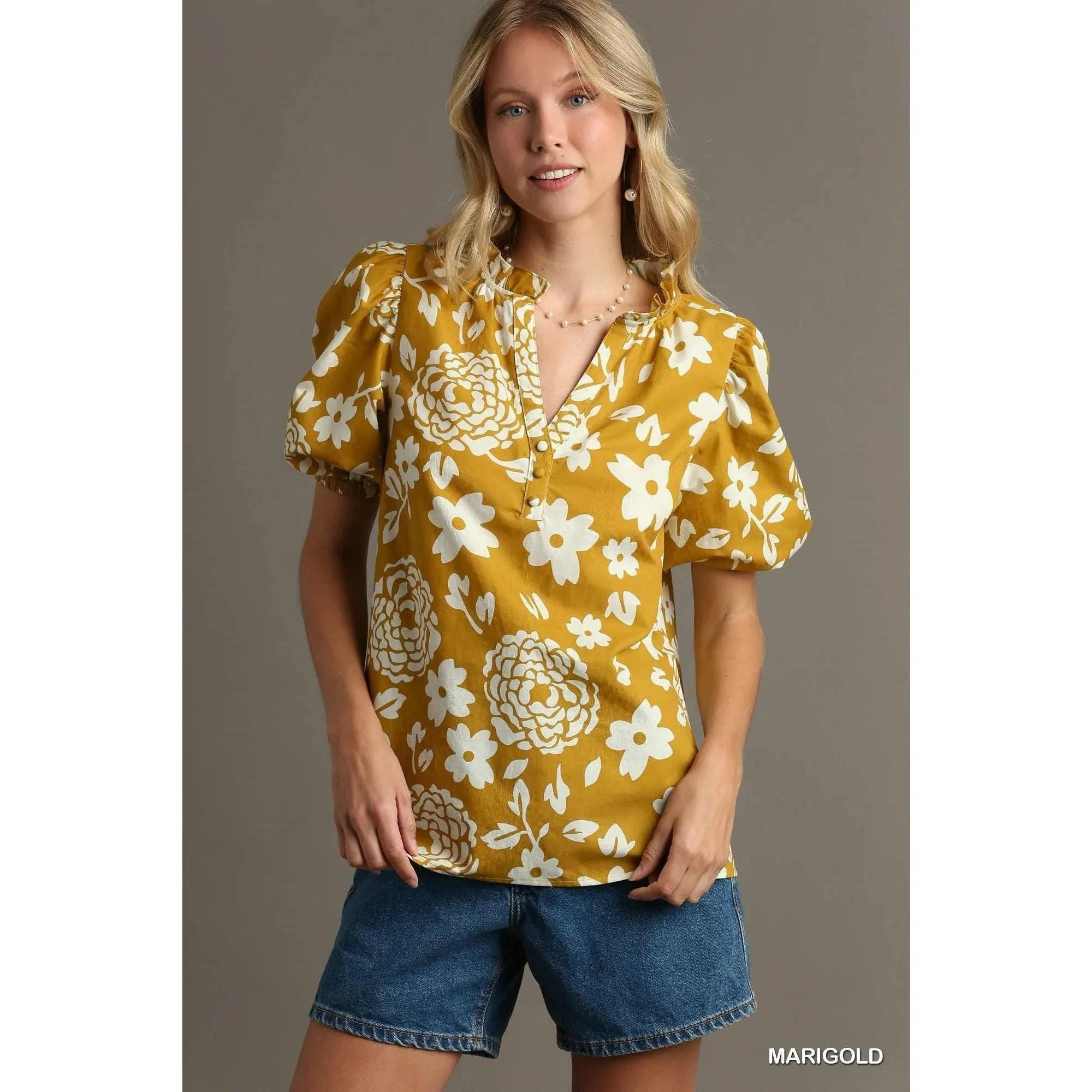 Marigold Floral Print Ruffle V-Neck Puff Sleeve Blouse