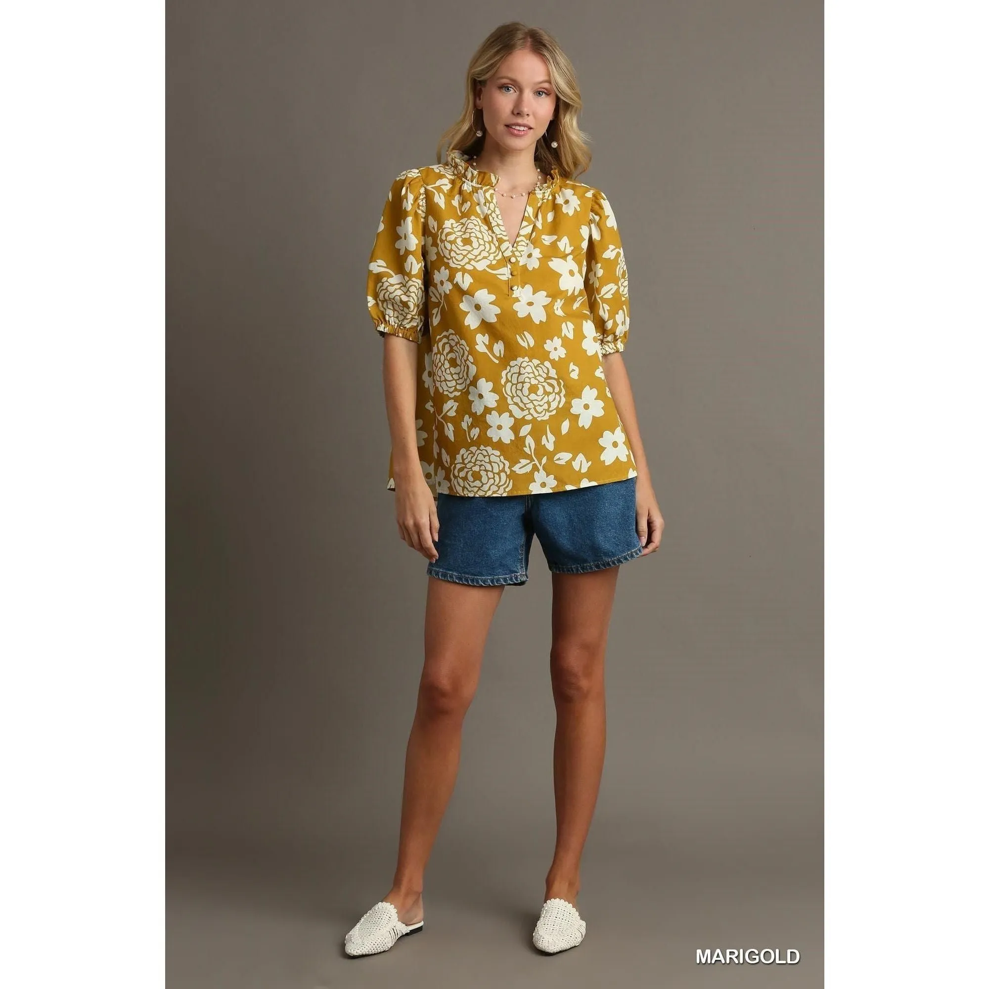 Marigold Floral Print Ruffle V-Neck Puff Sleeve Blouse