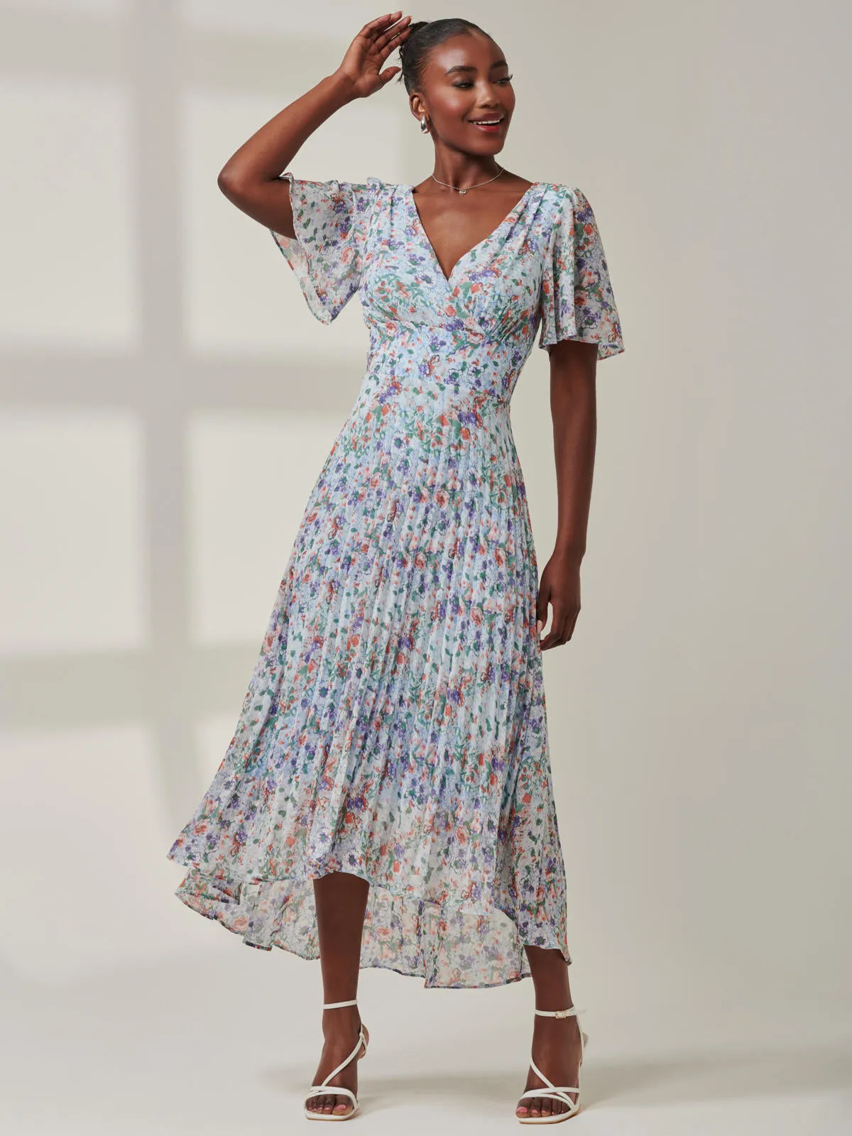 Meagan V-Neck Chiffon Maxi Dress, Blue Floral