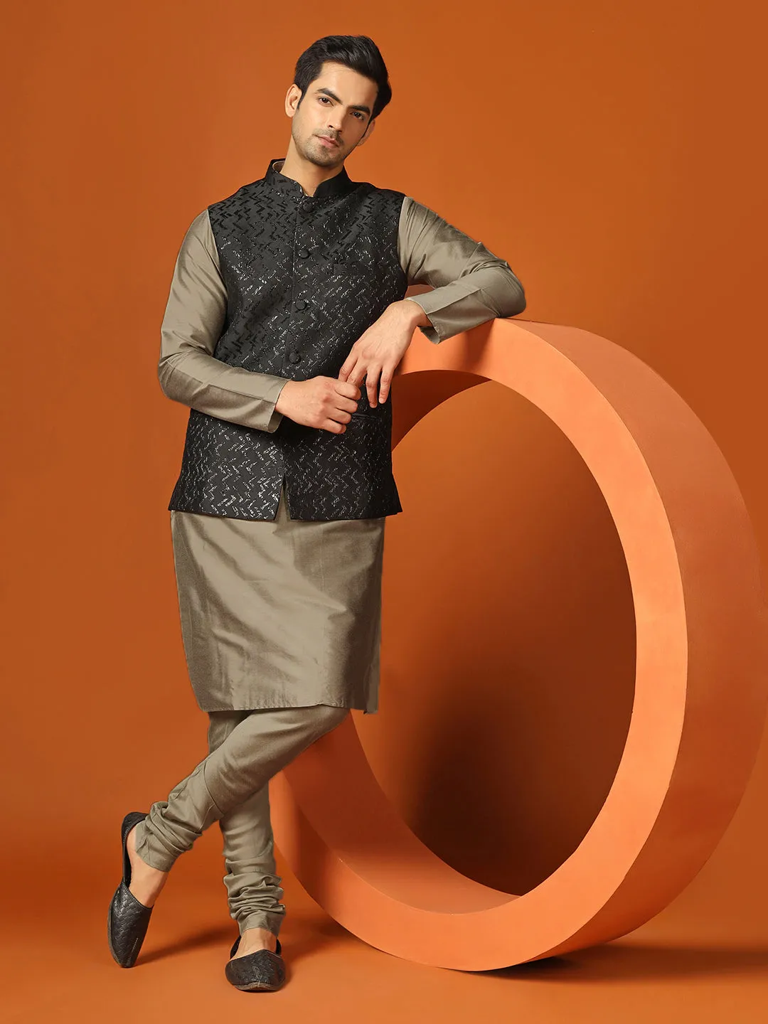 Men Shiny Black Textured Kurta Jacket Churidar Set