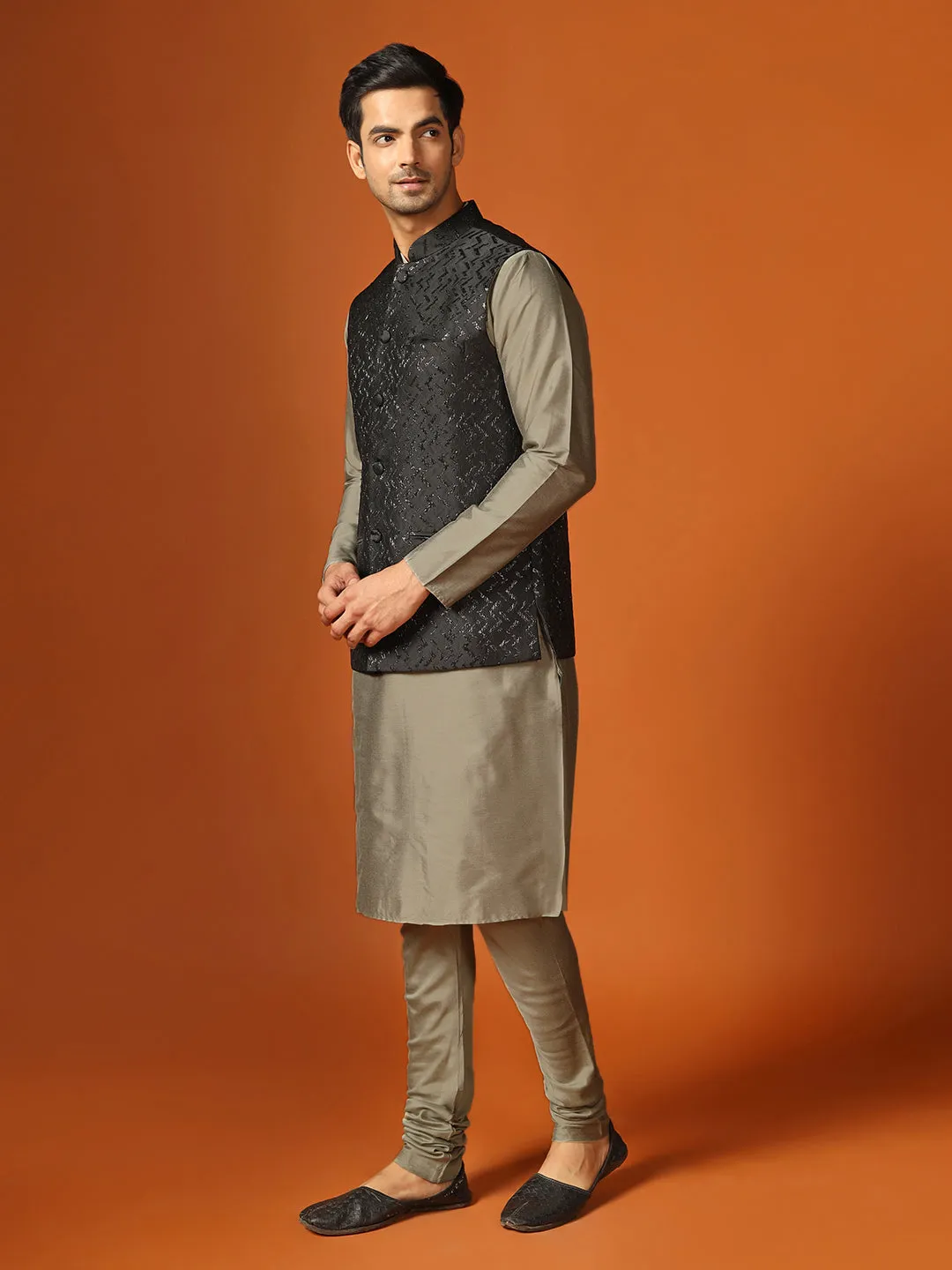 Men Shiny Black Textured Kurta Jacket Churidar Set