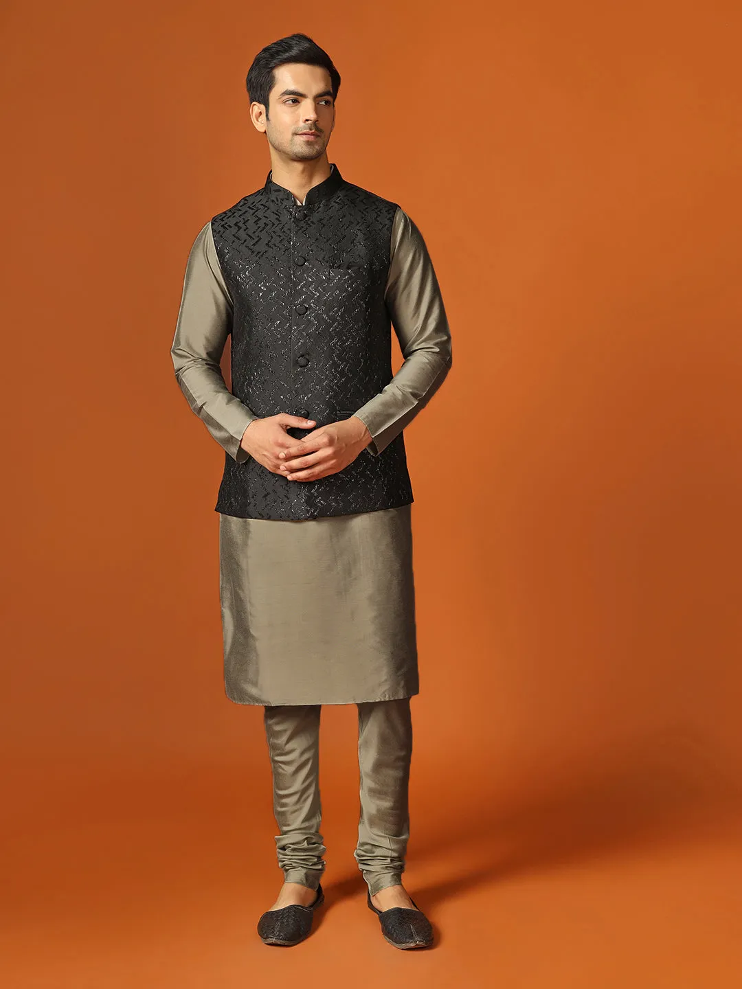 Men Shiny Black Textured Kurta Jacket Churidar Set