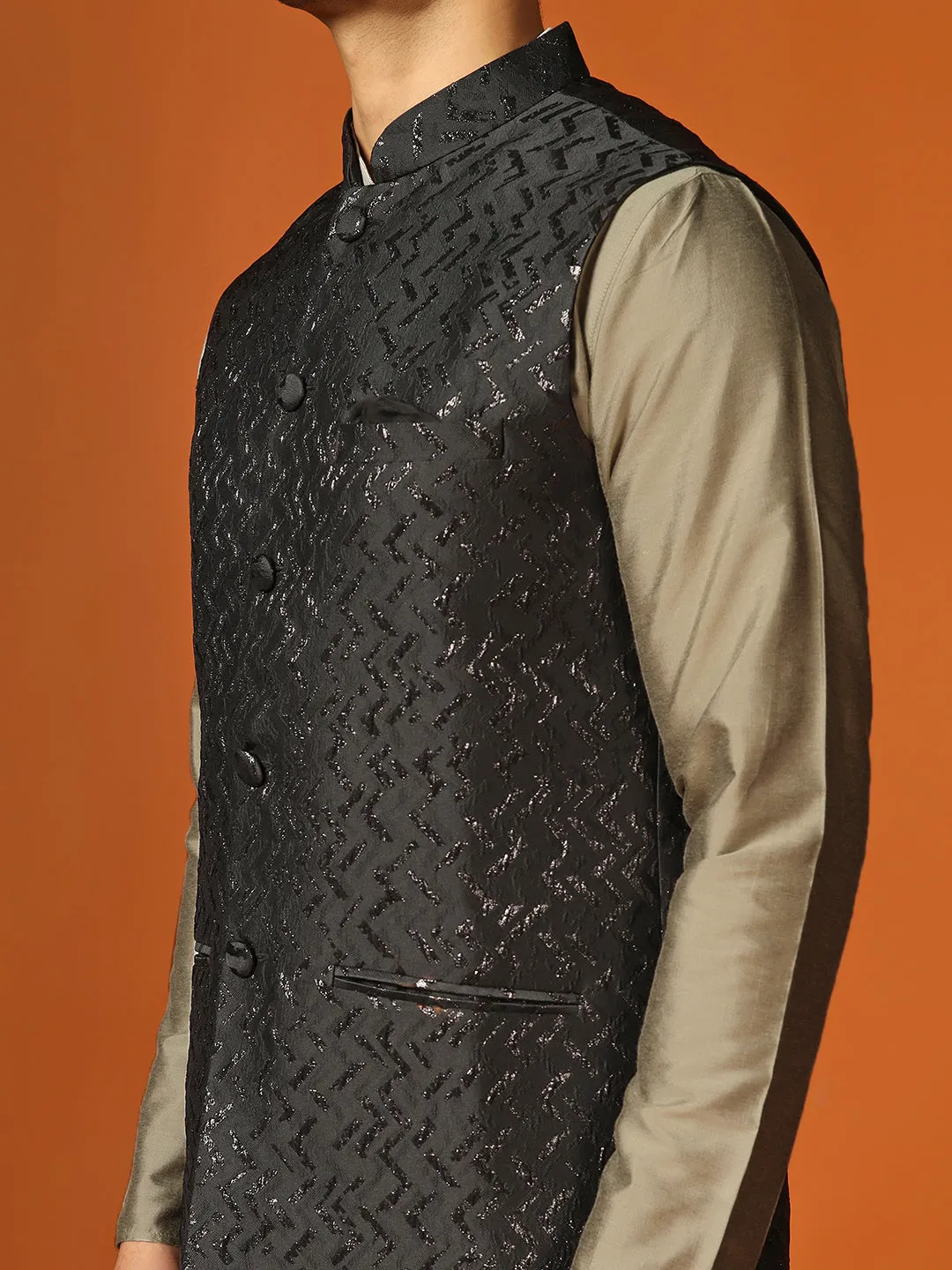 Men Shiny Black Textured Kurta Jacket Churidar Set