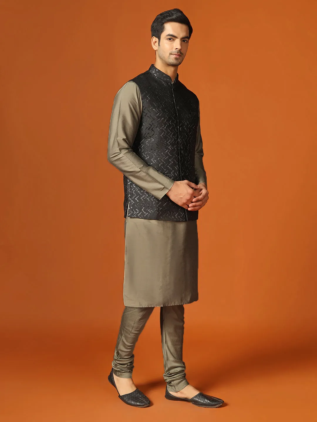 Men Shiny Black Textured Kurta Jacket Churidar Set