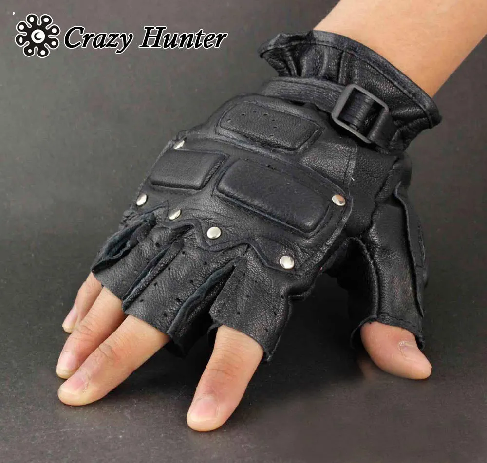 Men's Biker Fingerless Stud Real Leather Gloves With Knuckle Protection