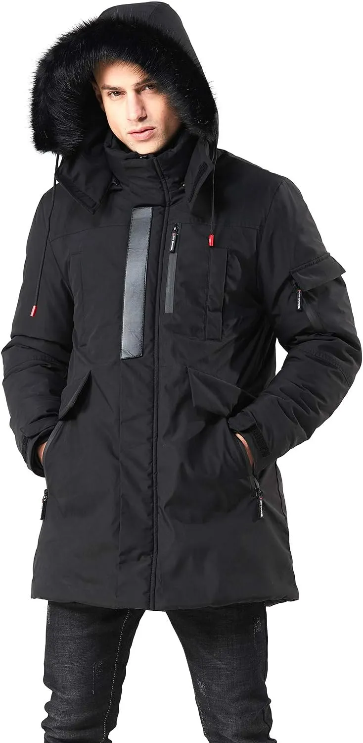 Men's Navy Blue Winter Hooded Parka Cargo Long Sleeve Coat