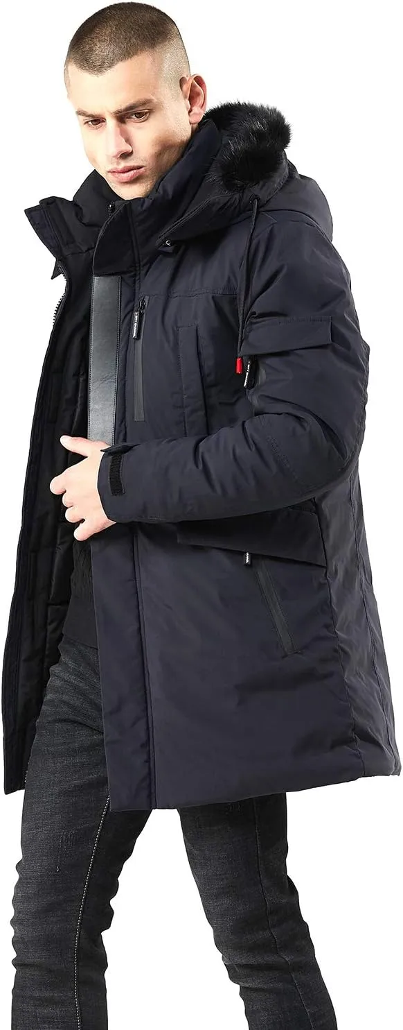 Men's Navy Blue Winter Hooded Parka Cargo Long Sleeve Coat