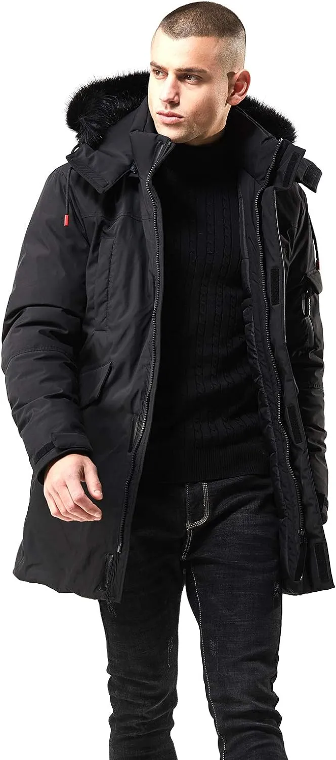 Men's Navy Blue Winter Hooded Parka Cargo Long Sleeve Coat