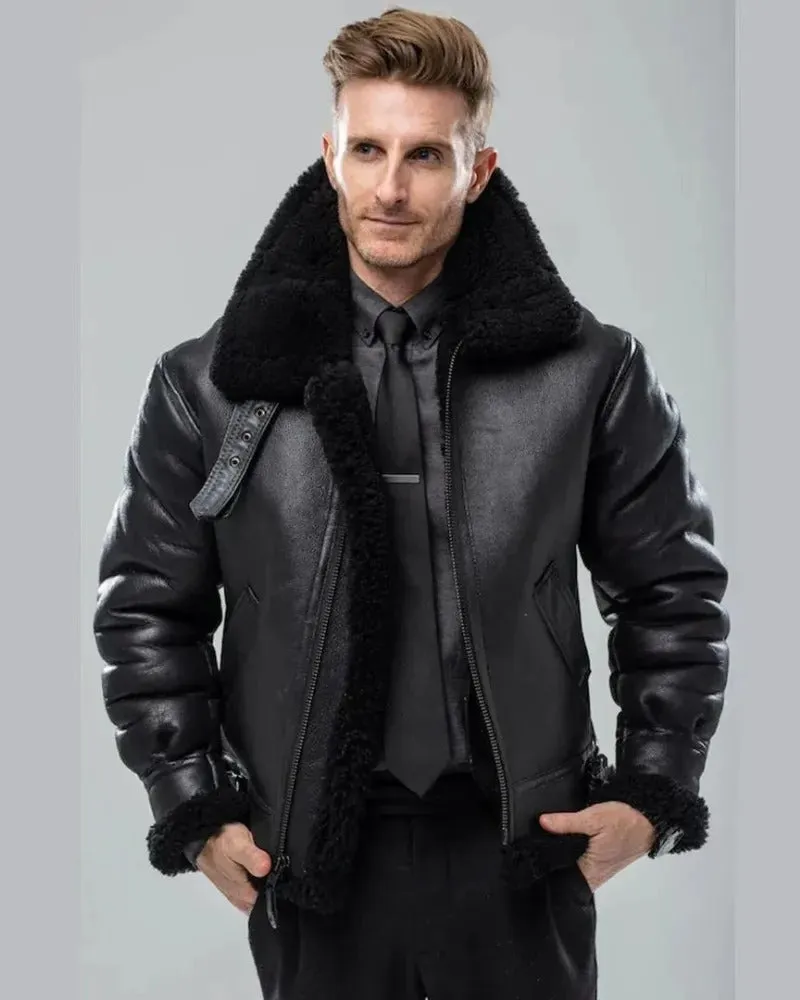 Men's Real Black Sheepskin Shearling Bomber Jacket