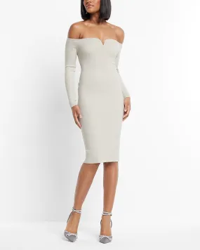 Metallic Ribbed Off The Shoulder Long Sleeve V-Wire Midi Sweater Dress in Sandshell