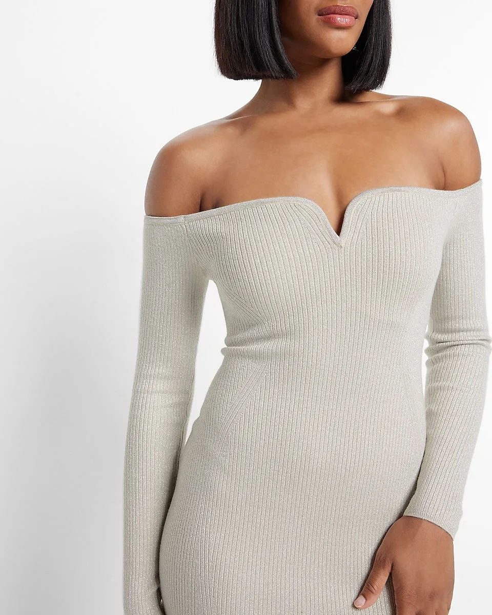 Metallic Ribbed Off The Shoulder Long Sleeve V-Wire Midi Sweater Dress in Sandshell