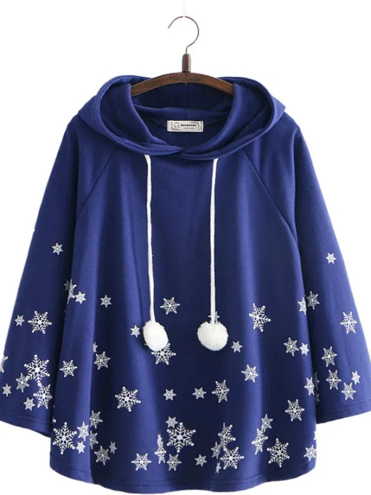 Metaversmall Women Coat Cloak Bat Sleeved Cartoon Snowflake Print Hooded Jacket Autumn Winter Batwing Sleeve Sweet Ladies Basic Outwears