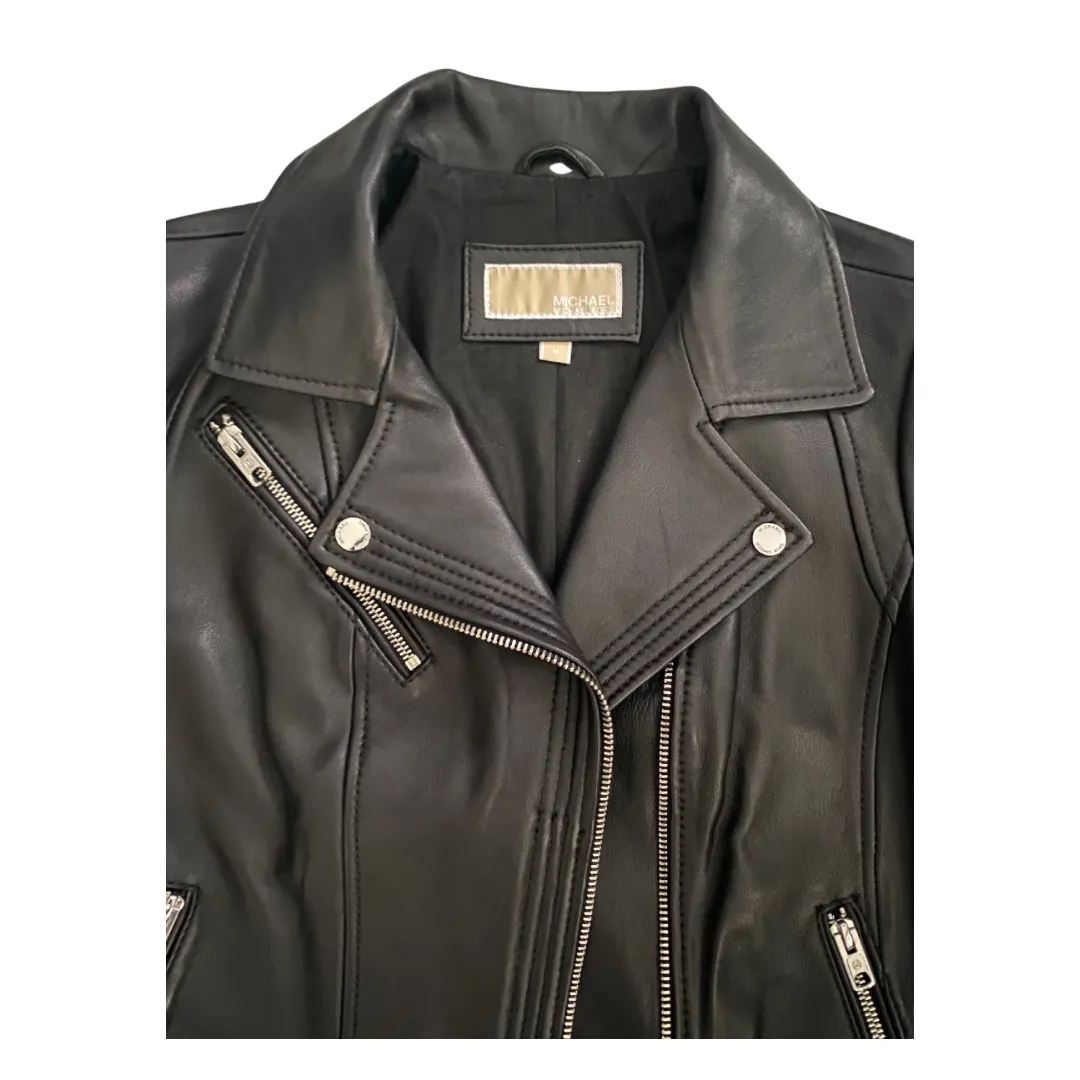 MICHAEL KORS Leather Biker Jacket Black SIZE M