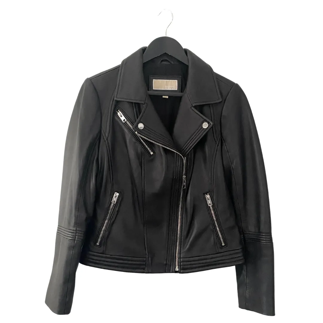 MICHAEL KORS Leather Biker Jacket Black SIZE M