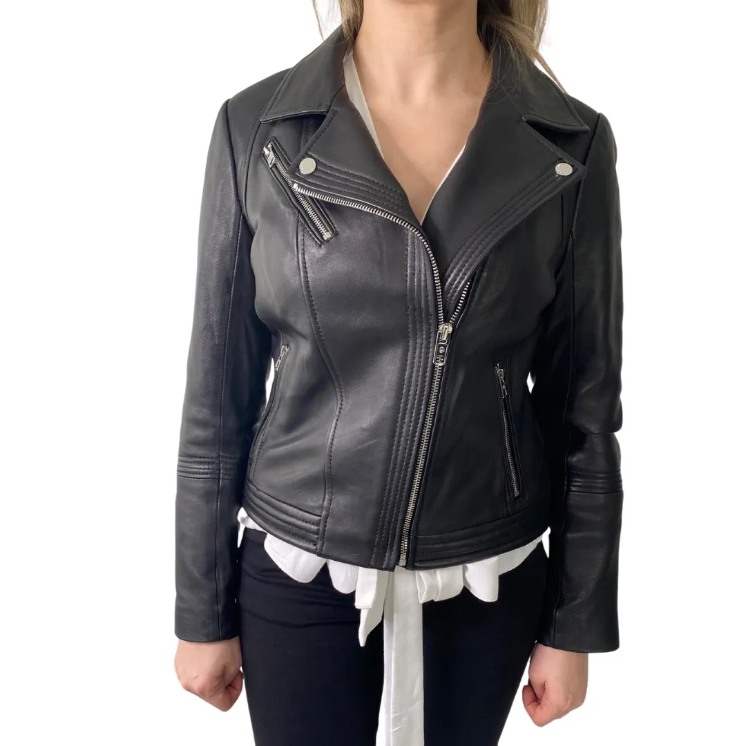 MICHAEL KORS Leather Biker Jacket Black SIZE M