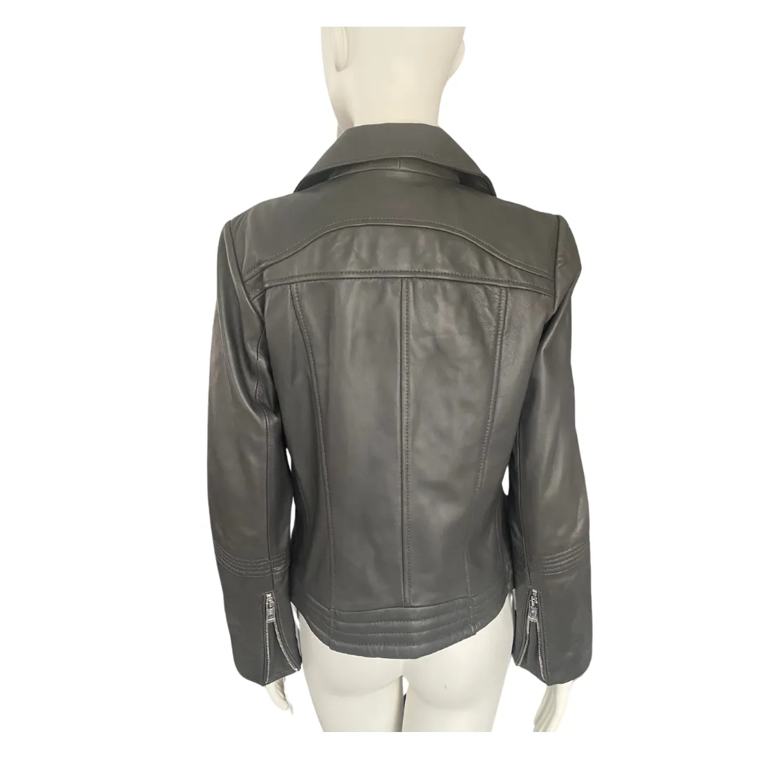 MICHAEL KORS Leather Biker Jacket Grey SIZE M