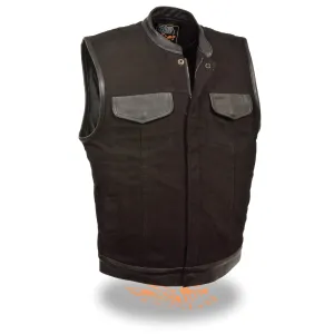 Milwaukee Leather MDM3010 Men's Black Denim Club Style Biker Vest with Leather Trim and Hidden Zipper