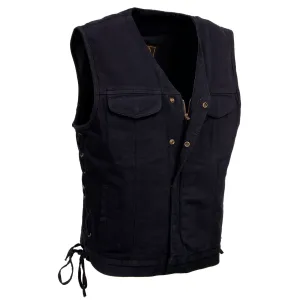 Milwaukee Leather MDM3013 Men's 'Brute' Concealed Snap Black Denim V-Neck Side Lace Club Style Vest w/Hidden Zipper