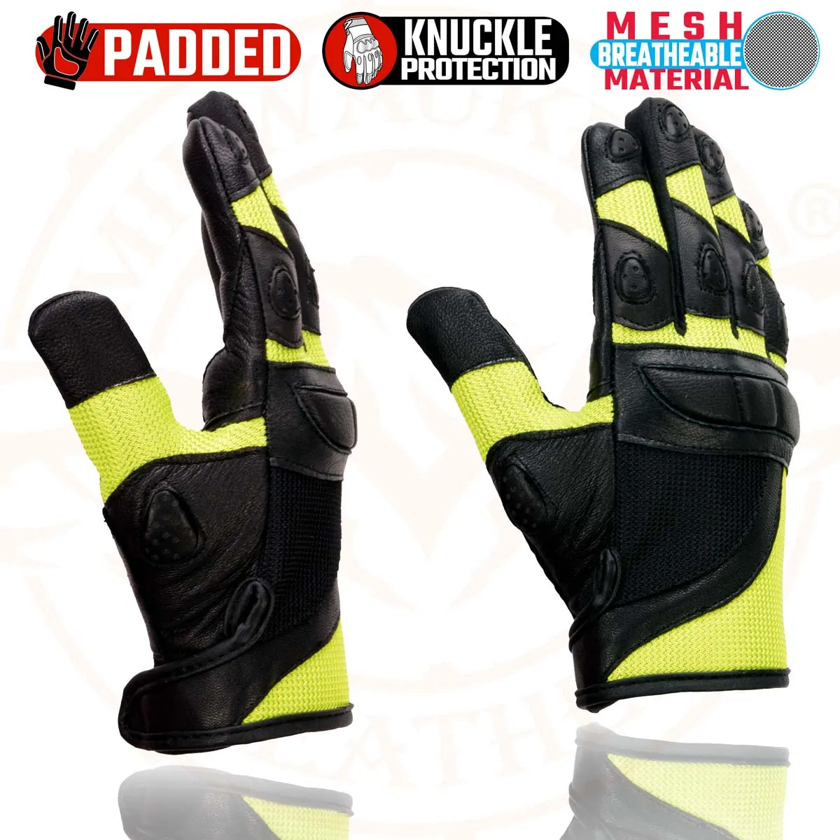 Milwaukee Leather MG7740 Women's Black Leather and Neon Green Mesh Racing Motorcycle Gloves W/ Padded Knuckle and Fingers