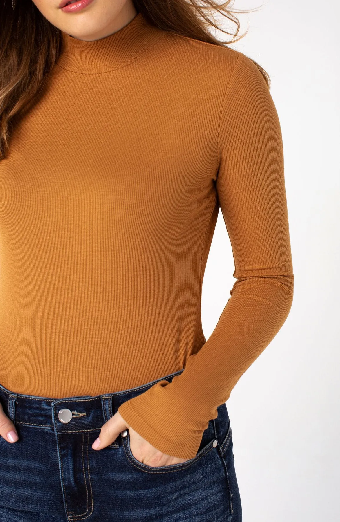 Mock Neck Long Sleeve Knit Top - Caramel