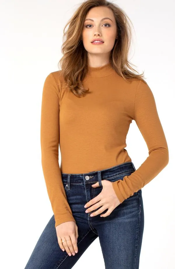 Mock Neck Long Sleeve Knit Top - Caramel