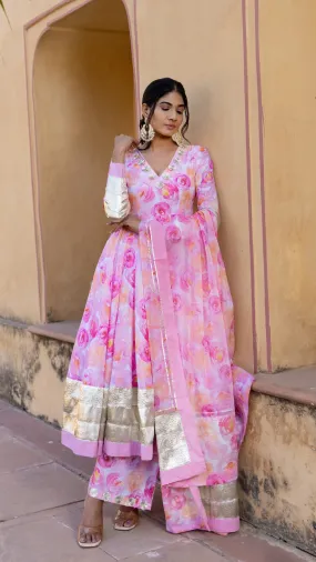 Muslin Pink Floral Print Anarkali Set with Chiffon Dupatta