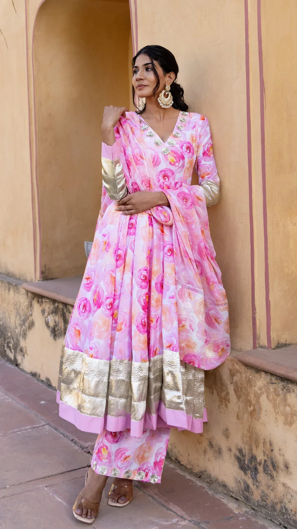 Muslin Pink Floral Print Anarkali Set with Chiffon Dupatta