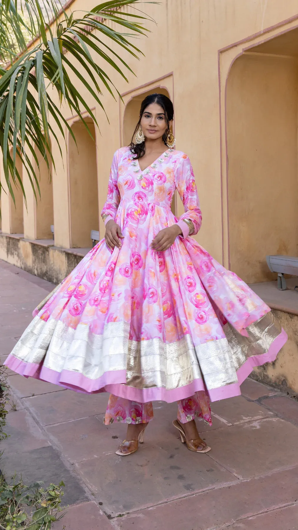 Muslin Pink Floral Print Anarkali Set with Chiffon Dupatta